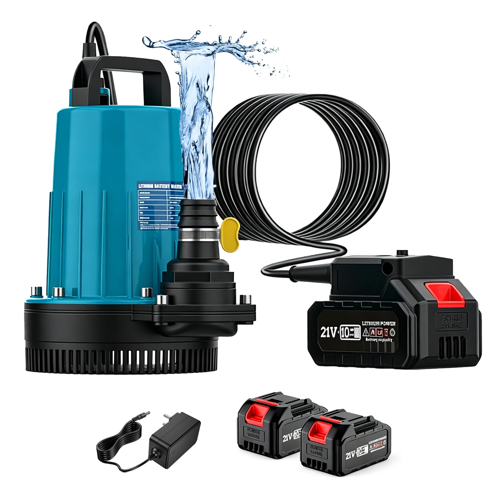 Akku Tauchpumpe, 11000 L/H Akku Klarwasserpumpe, 5m Verbindungskabe, Förderhöhe 12m, Tauchpumpe für Pool, Wasserbetten, Garten Dusche, Pfütze (Inklusive 21V Akku und Ladegerät)
