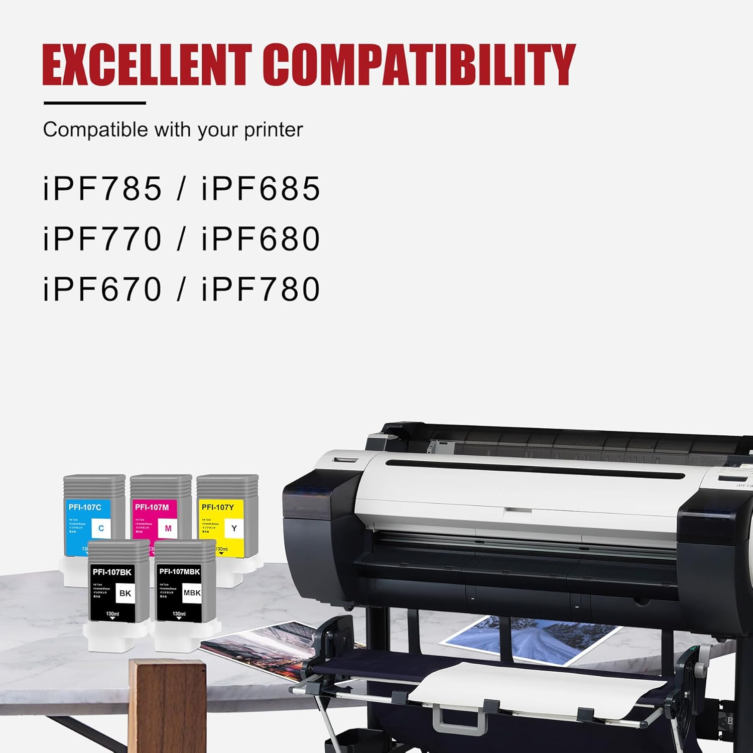 PFI-107 PFI107 Ink Cartridge Full Set 5/Packs Matte Black, Black, Cyan, Magenta, Yellow PFI-107MBK PFI-107BK PFI-107C PFI-107M PFI-107Y Replacement for Canon iPF680 685 780 785 Printer Ink Tank-130ml