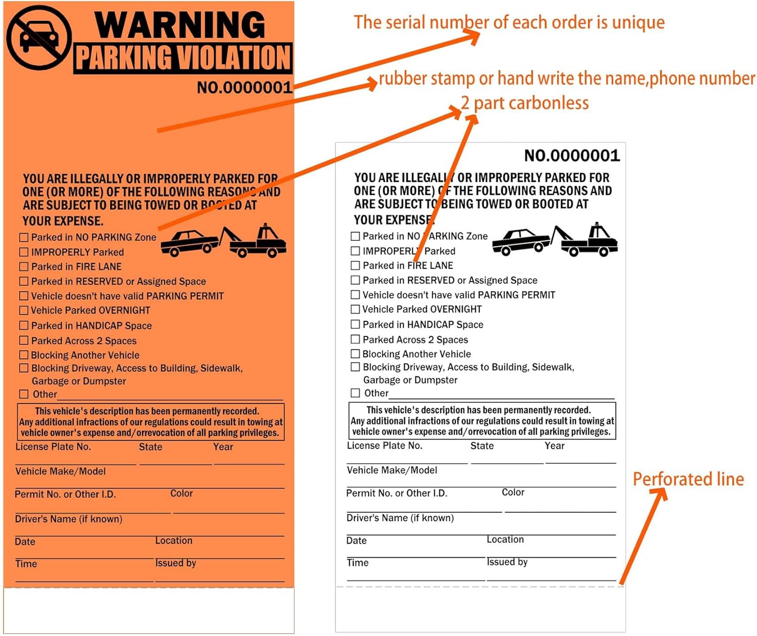 2-Part Perforated Numbered Parking Violation Ticket Tow Warning Illegally Parked Record Tickets - 4 x 8.5 Inch Carbonless Perforated Numbered Parking Violation Warning Parking Violation Tag Pack of 50