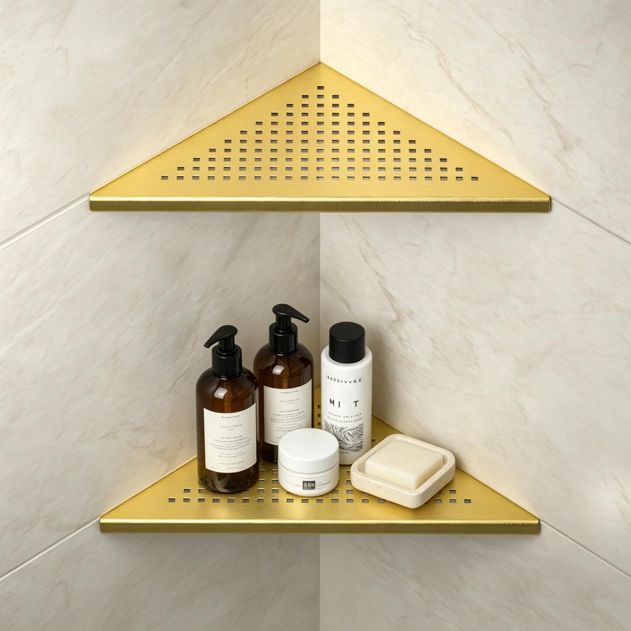 Bernkot Corner Shower Shelf 304 Stainless Steel, Recessed Corner Shelves Slot Design, 10" Triangular Corner Shelf 1.5mm Thickness Bathroom Shelf for Tiled Wall, No Drilling, Gold, 2 Pack