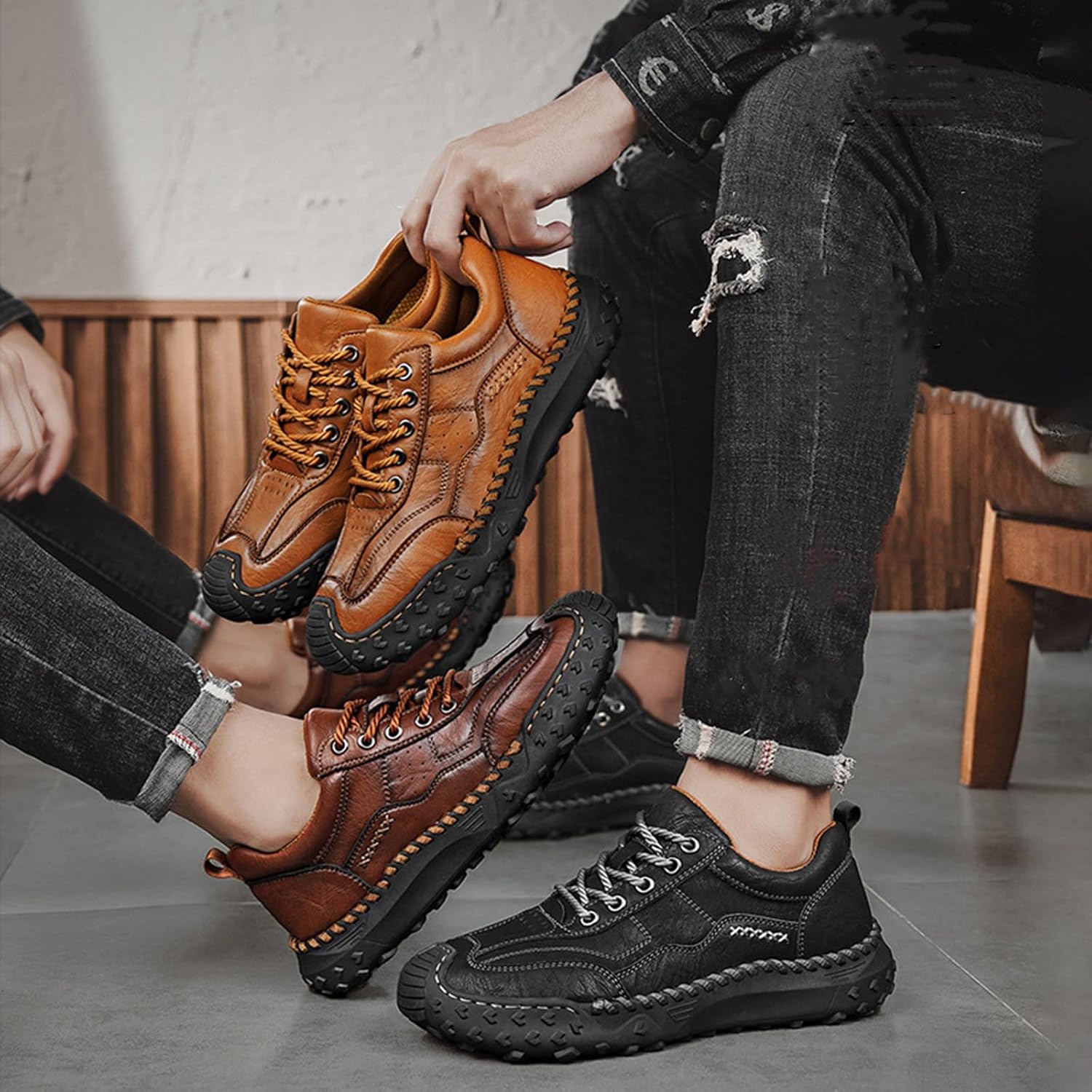 Men's Handmade Stitching Lace Up Loafers Classic Leather Anti Slip Round Toe Sneakers Outdoor Lightweight Breathable Dress Walking Driving Business Shoes - Image 9