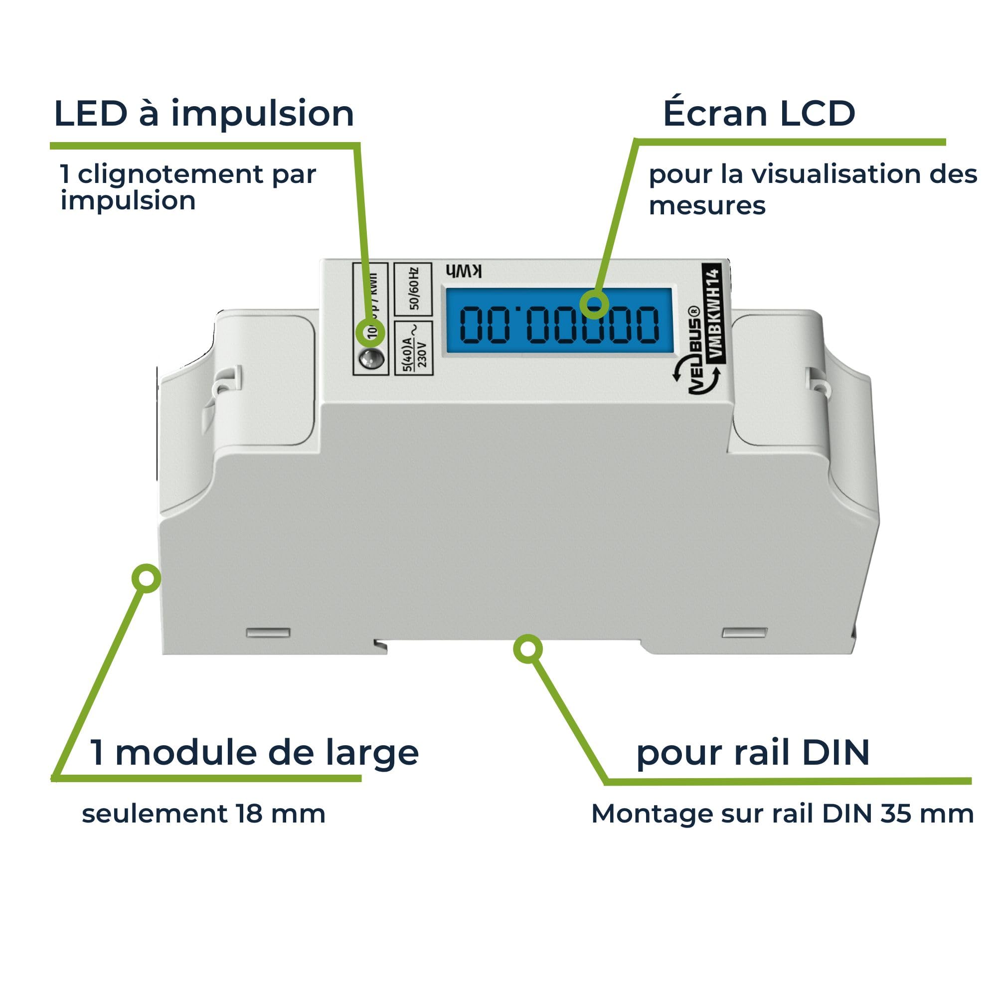 Velleman Compteur d'énergie monophasé, compteur électrique monophasé, delesteur electrique monophasé, compteur énergie, kWh, montage rail DIN, affichage LCD, LED, max. 40 A