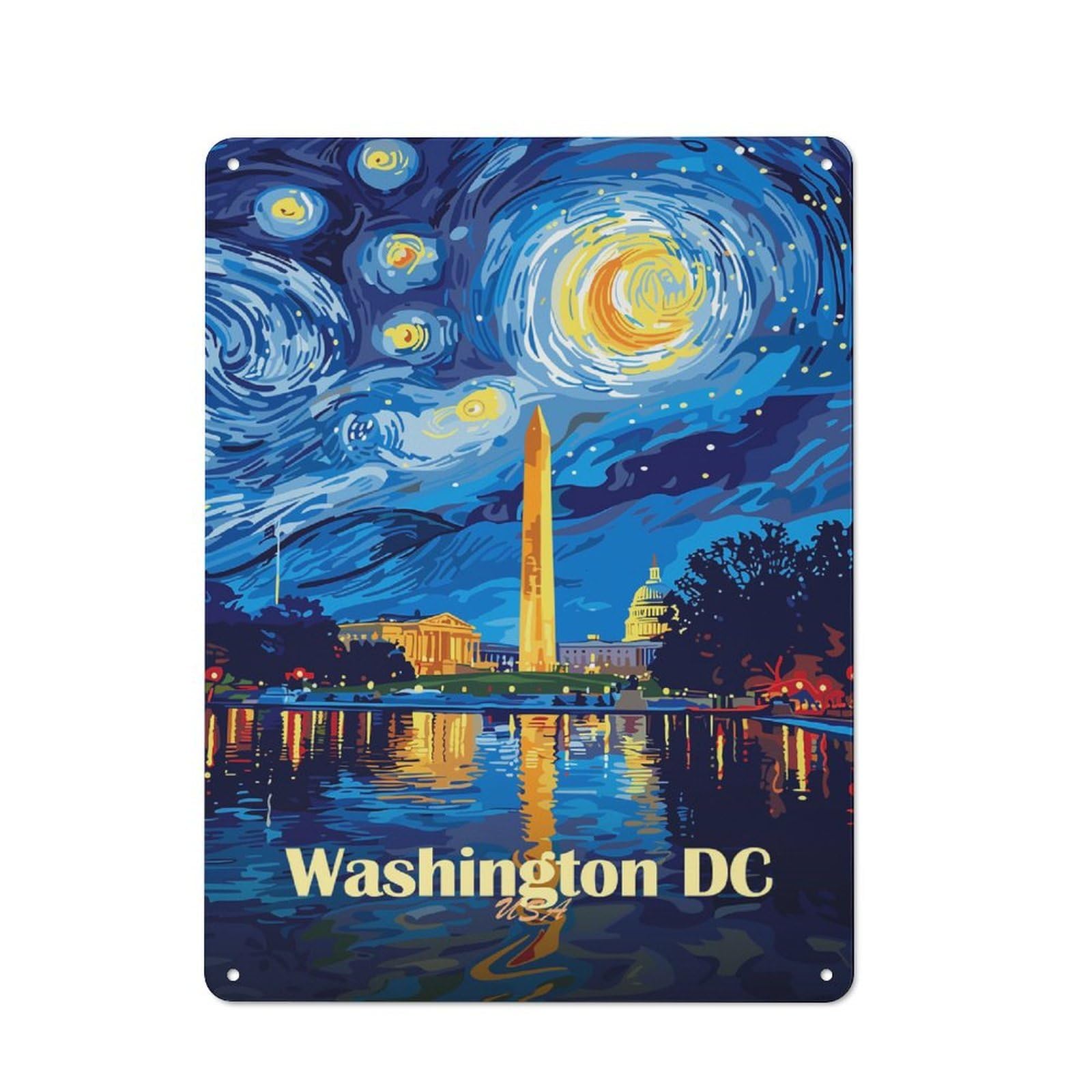 Junmoney Style-24 Rustic Tin Sign 40X30cm Featuring Washington Dc Starry Night Illustration For Garage Or Workshop, For Garage, Workshop And Man Cave Decoration