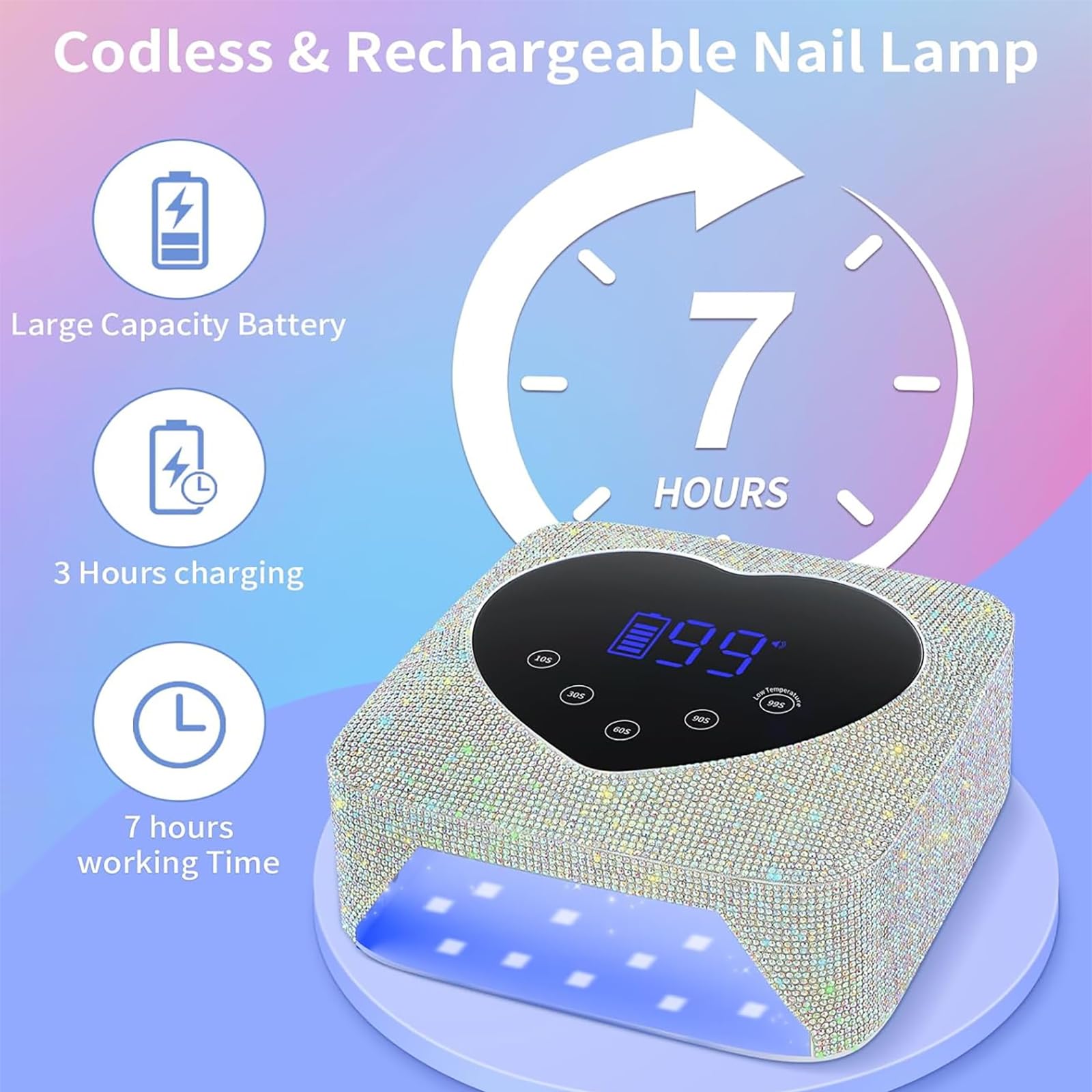 Lampada per Unghie LED UV Senza Fili, Lampada per Smalto Gel Ricaricabile per Unghie da 72 W con Ampio Display LCD, 5 Impostazioni di Timer E Sensore Automatico per Salone E Casa