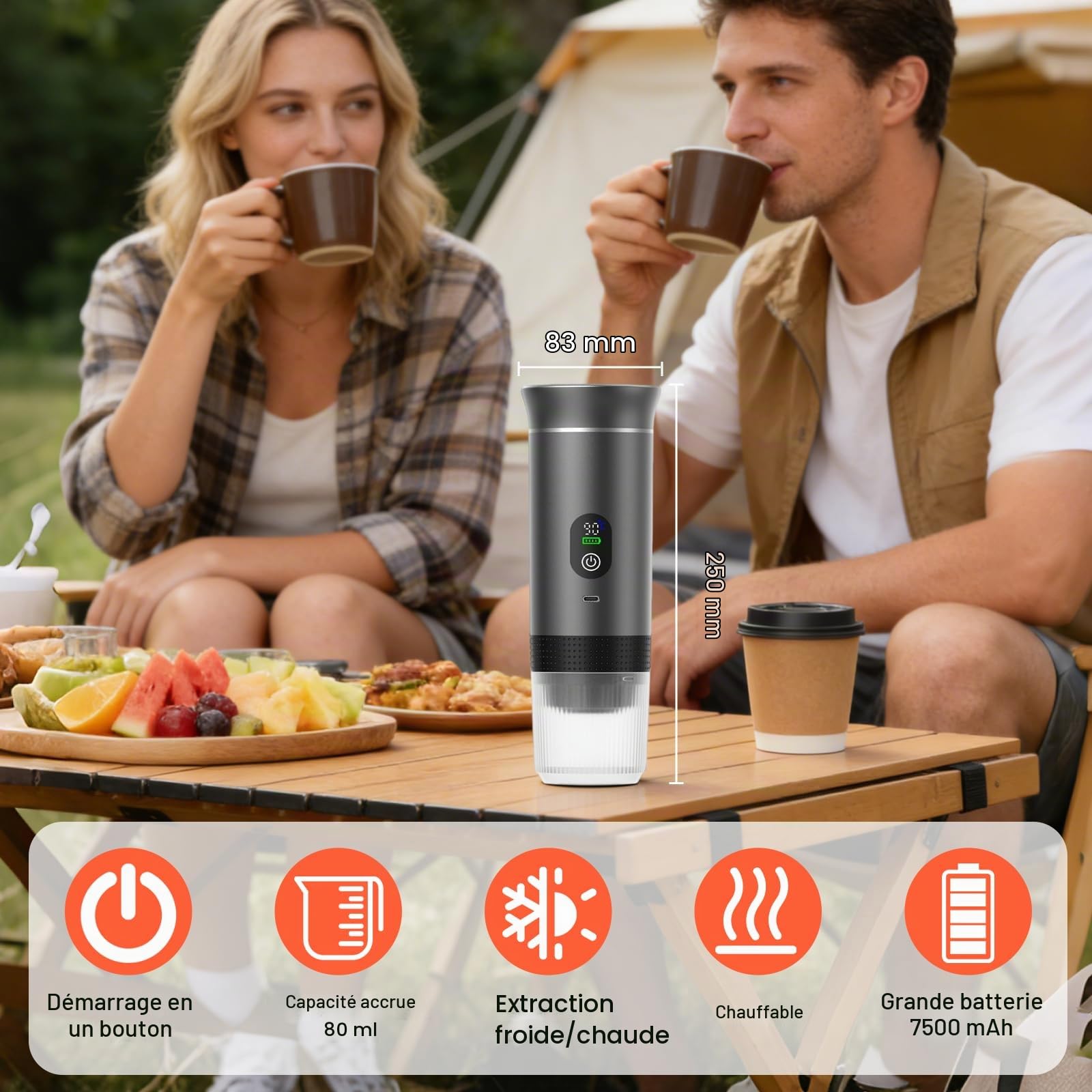 Mini machine à café portable 3 en 1, avec batterie 12 V,écran LED 20 bar | cafetiere portable, chauffage instantané, machine à café de voyage, pour capsule et café moulu