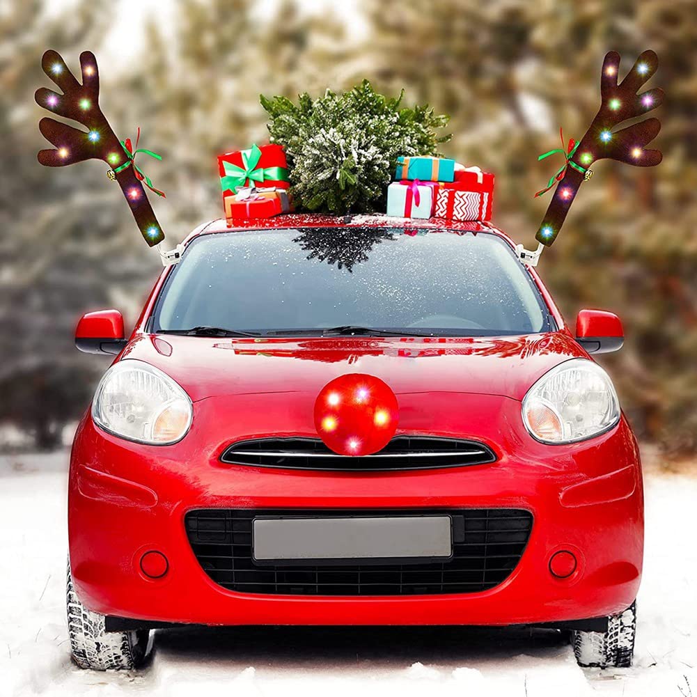 Kit de Cornes avec Lumières LED pour Voiture - Décorations de Noël, Nez et Astas