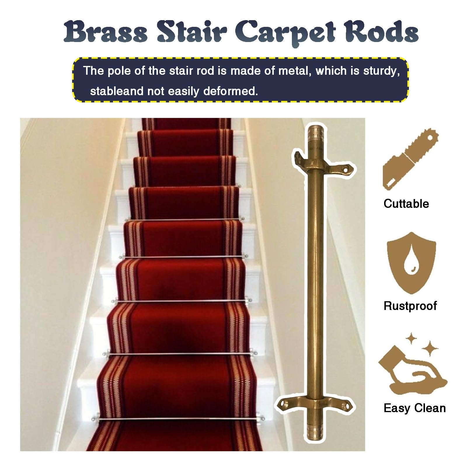 Barras de latón para alfombras de escalera, 11 unidades, 105 cm, soportes tubulares antideslizantes, accesorios de seguridad para corredores, perfectos para protección de escaleras y estilo