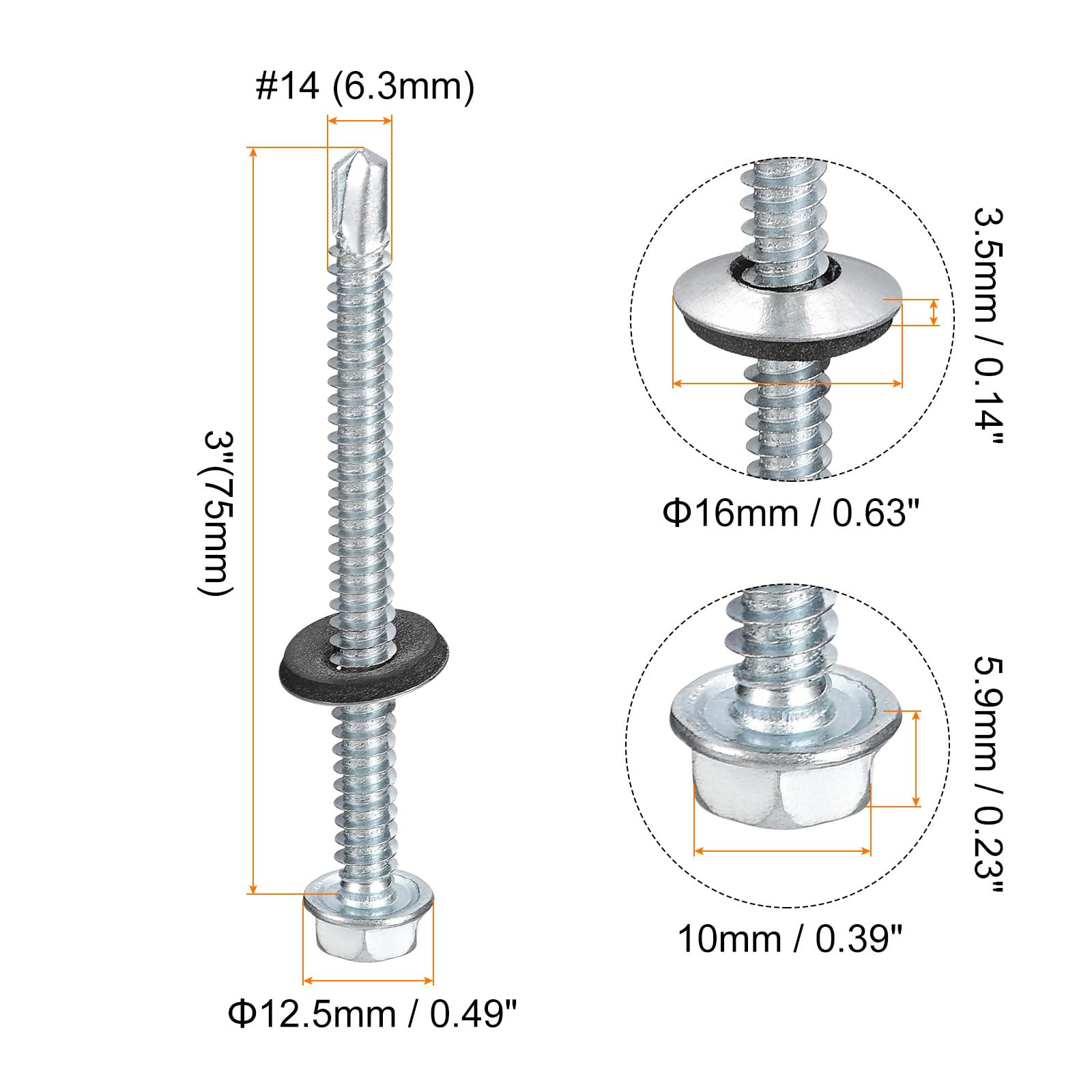 uxcell Tornillos autoperforantes #14x3 con arandela de goma, 200 tornillos autorroscantes de cabeza hexagonal con acabado chapado en zinc con arandela EPDM para metal