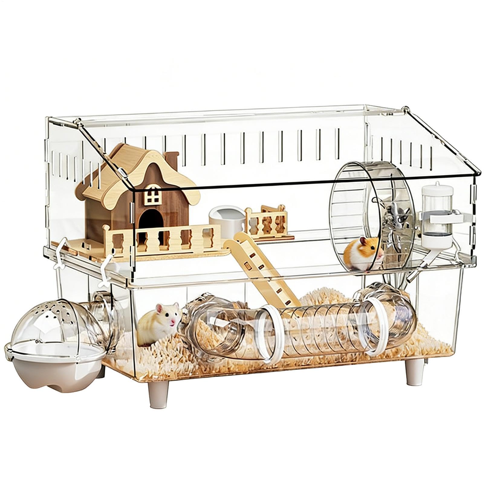 Hábitat para Hámster Casa Transparente de 2 Niveles para Chinchilla | Jaula para Hámster Enano para Observación de Animales, Hogar para Mascotas Pequeñas, Interior y Exterior, Viaje