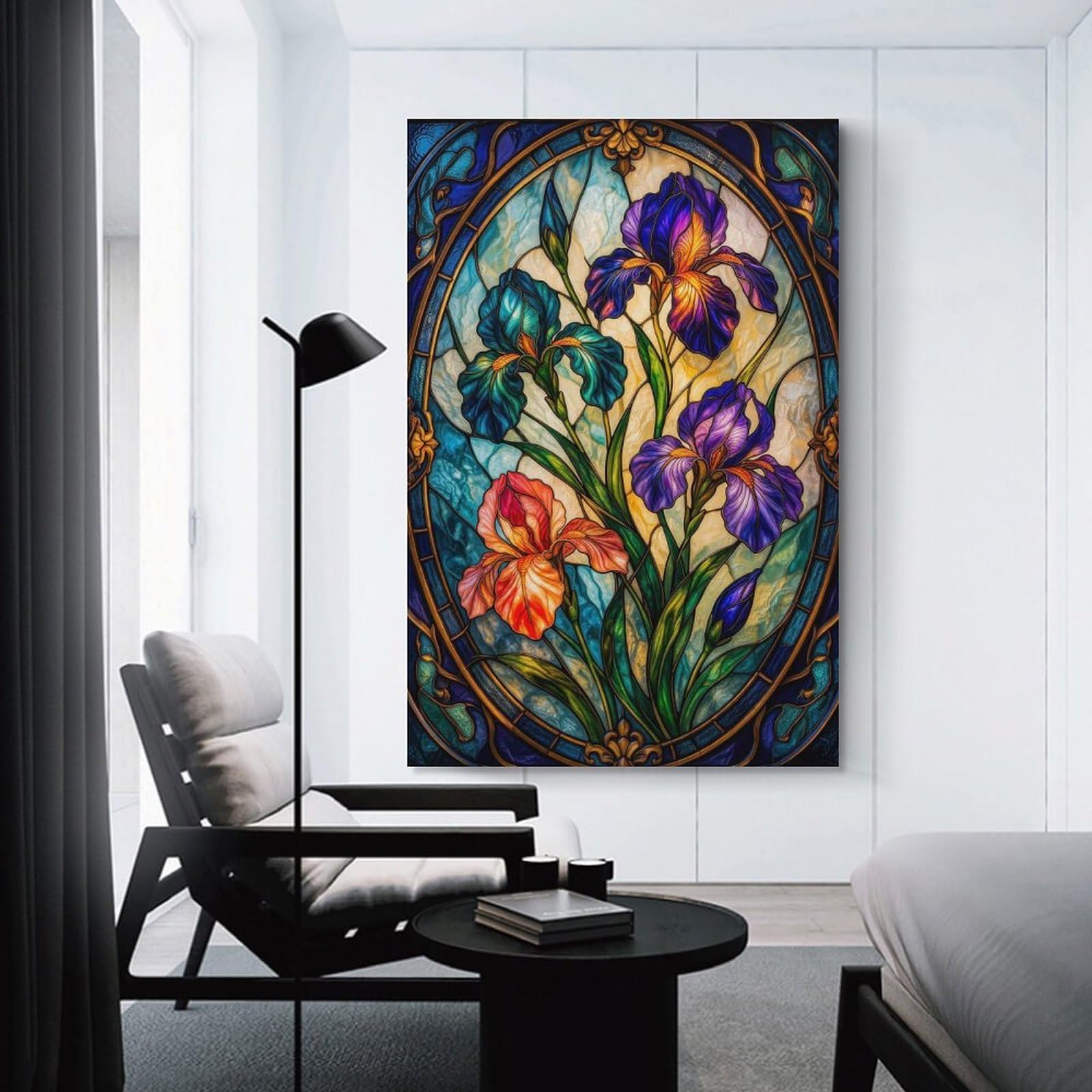 Junmoney Stained Glass Irises(2) Room Decor Wall Art 24x36inch(60x90cm), for Art Walls, Layered Displays Or Homes, Wall Decor Suited to Curated Displays