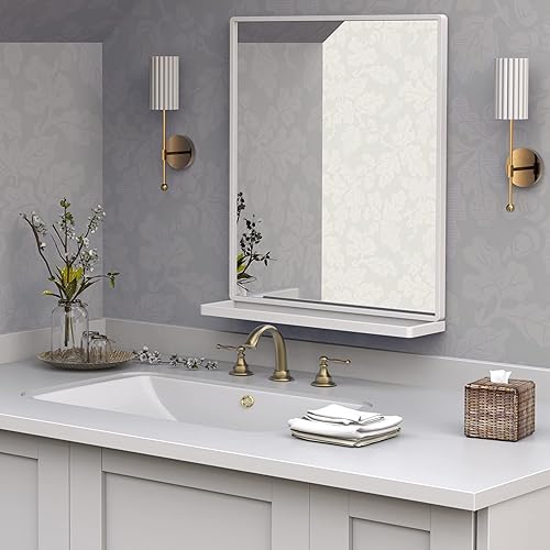 ANYHI Espejo de pared de baño de 20 x 24 pulgadas con estante, espejo de baño blanco para pared, espejo rectangular para colgar en la pared para