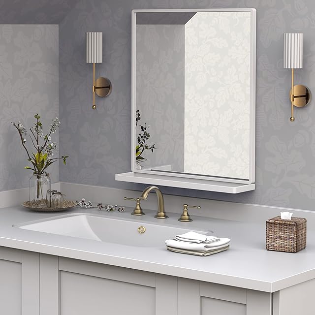 ANYHI Bathroom Wall Mirror with Shelf, White Bathroom Mirror for Wall, Rectangular Wall Hanging Mirror for Living Room Bedroom Entryway, Horizontal or Vertical, 20''x24'' (W14V-W)