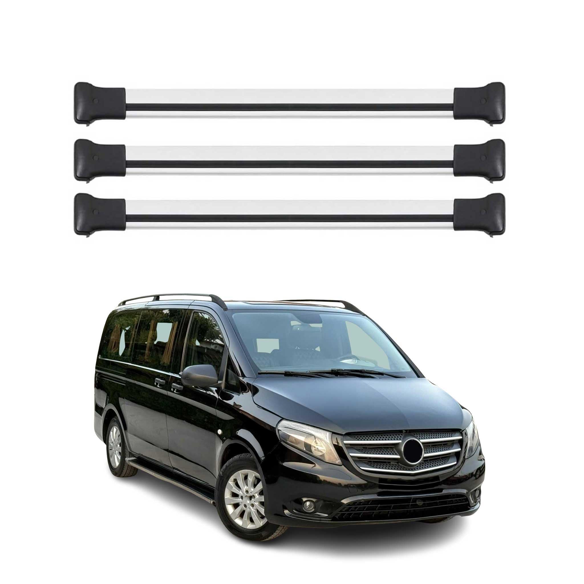OMAC Barres de Toit en Aluminium pour Mercedes Viano Vito W638 W639 W447 1996-2026 – Charge Max 75 kg – 3 Barres Argent