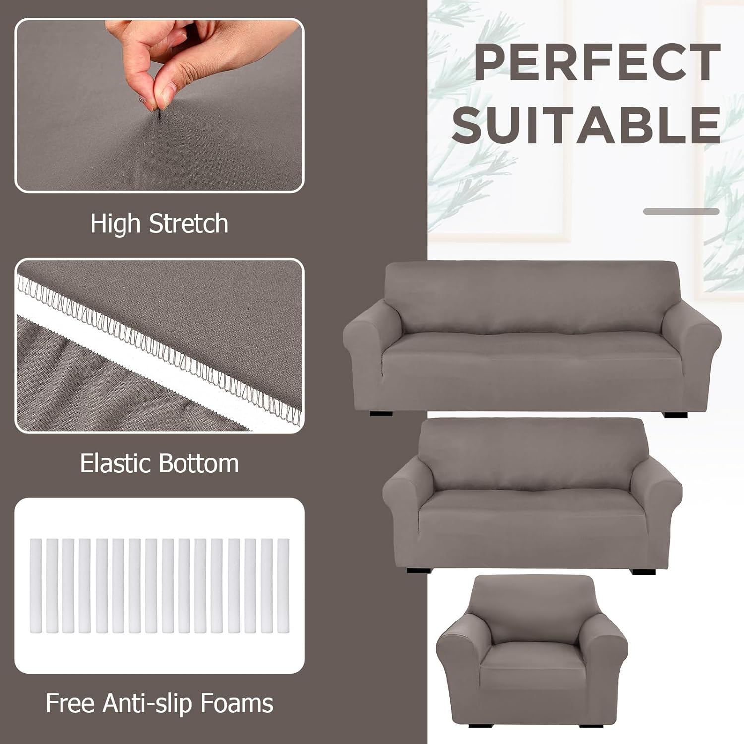Peryiter 3 Pcs Slipcover Set for Couch Furniture Covers for Sofa Loveseat Couch Arm Chair, Form Fit Stretch, Wrinkle Free, Furniture Protector(Taupe,Milk Silk Spandex)