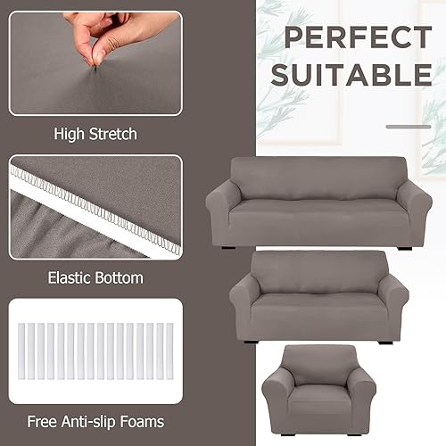 Miniatura 4 de Peryiter Juego de 3 fundas para muebles de sofá, sofá biplaza, sillón y silla, ajuste elástico, sin arrugas, protector de muebles (gris, elastano de