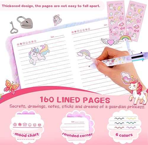 Miniatura 6 de Diario de unicornio con cerradura para niñas, bonito juego de cuaderno de peluche para niños con calcomanías, cuaderno secreto esponjoso para