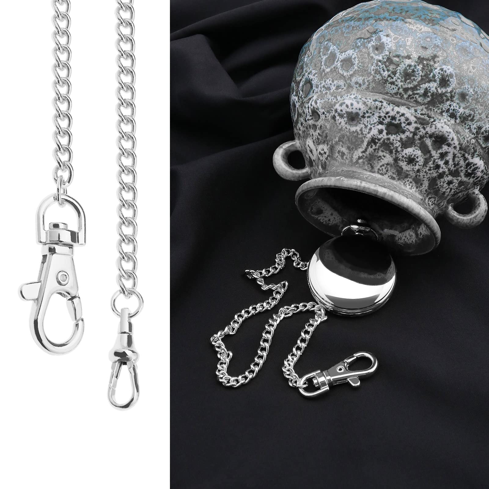 OTOTEC Taschenuhrenkette Weste Kette Albert Uhrenkette mit Karabinerverschluss 14,5 Zoll Klassisch Metallplattiert Taschenuhr Zubehör Silber