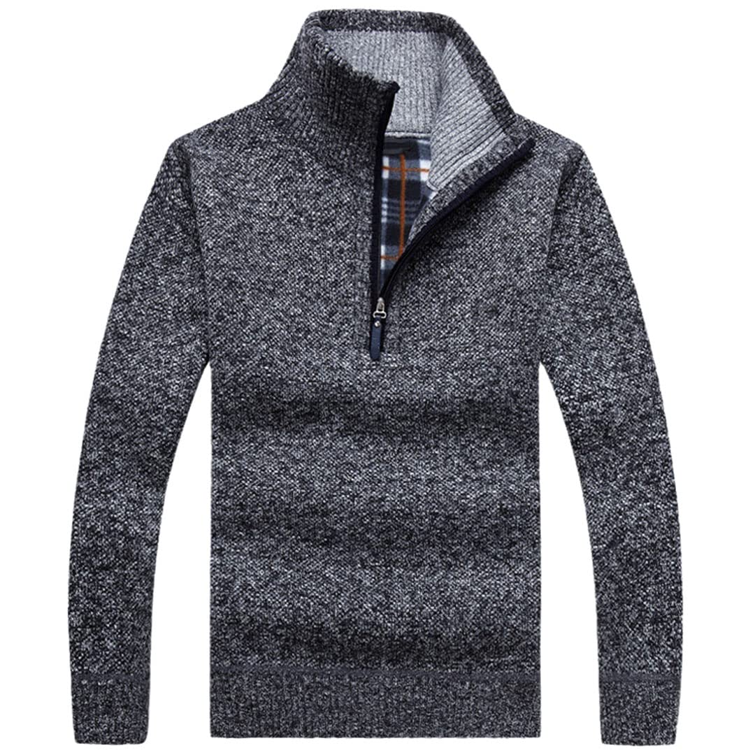 Męski gruby ciepły sweter z dzianiny solidny modny golf swetry pół zamek polar płaszcz, Dark Gray, M