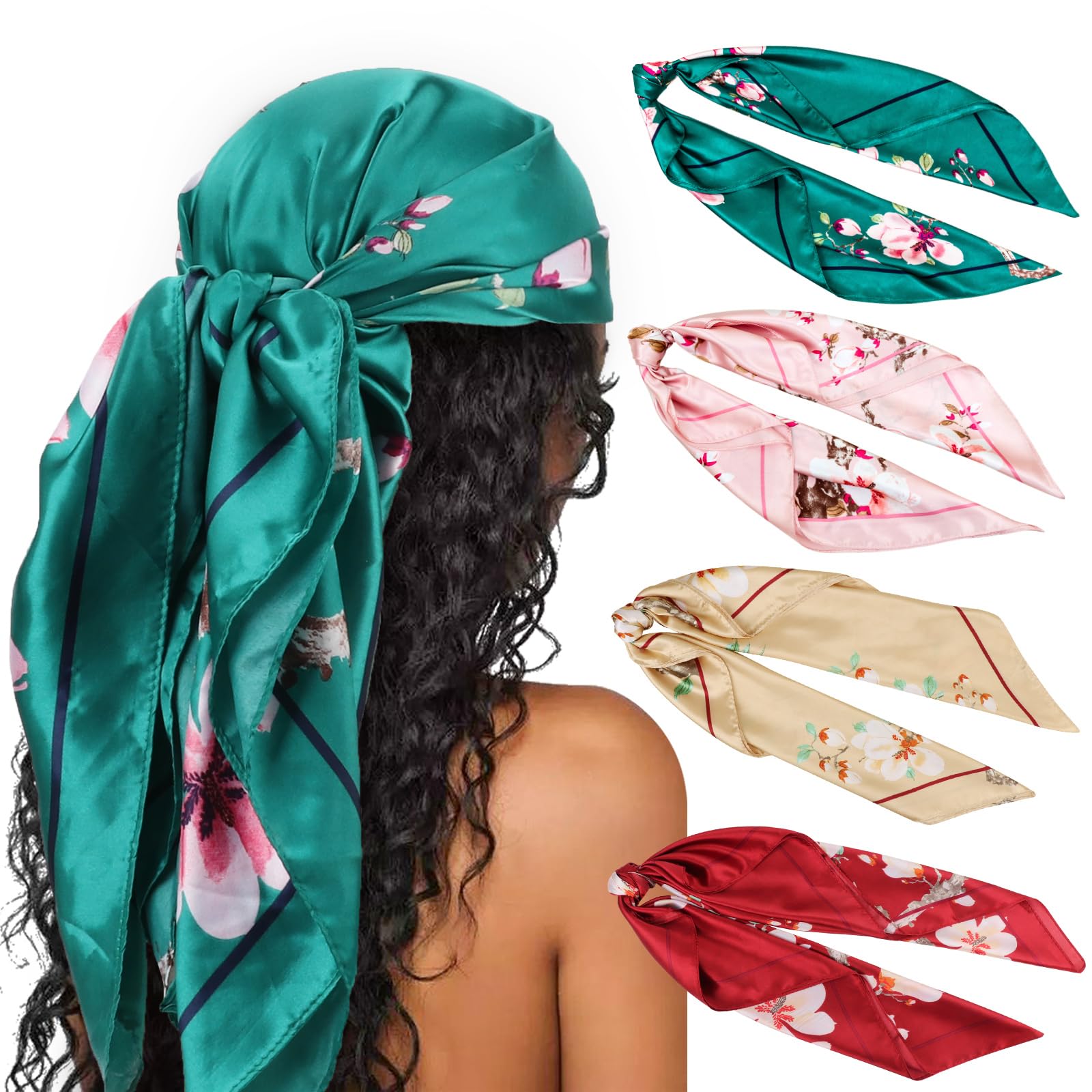 DRESHOW 35” Large Square Satin Head Scarf - 4Pcs Silk Accessories Classic Patterned Squares Beach Bandanas for Women