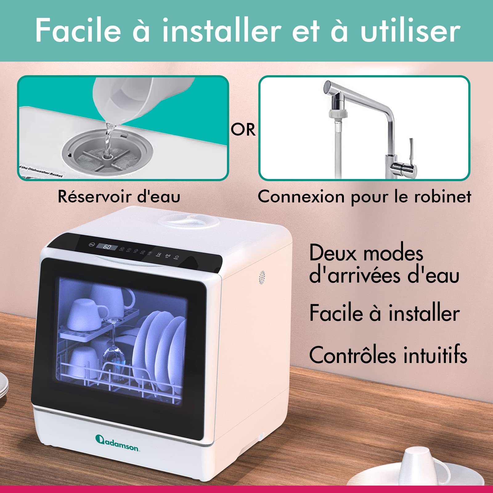 Mini Lave-vaisselle Portable Adamson A30 - Nouveauté - Parfait pour Appartement ou Camping-car - Sans Arrivée d'Eau avec 5 Programmes et Jet Haute Pression - Garanti 5 Ans