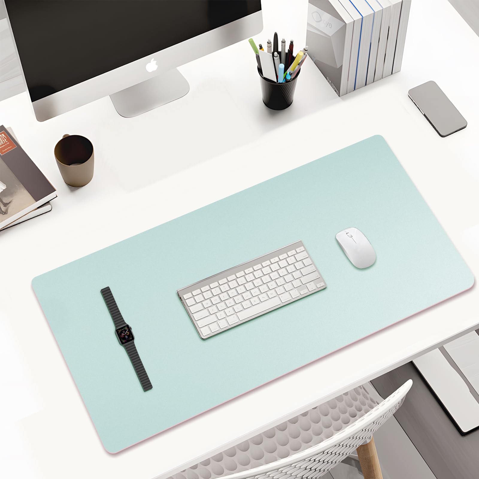 KINGFOM Sous-main de bureau en cuir synthétique avec surface d'écriture confortable (120 x 60 cm, vert clair + rose)