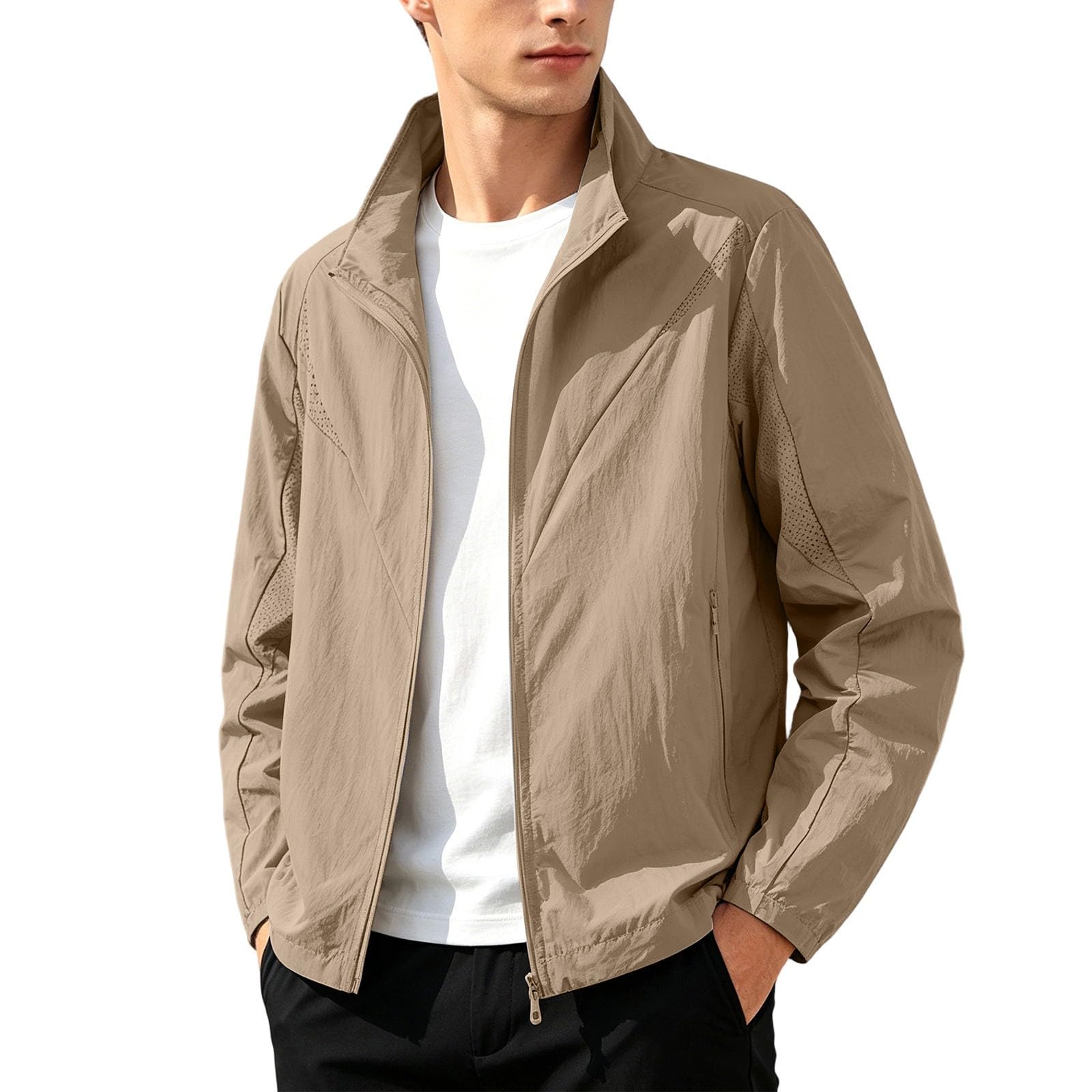 Generisch Jeansjacke Beige Damen Lässige Sonnenjacke, leichte Stehkragen, atmungsaktiver Outdoor-Hoodie für den Sommer