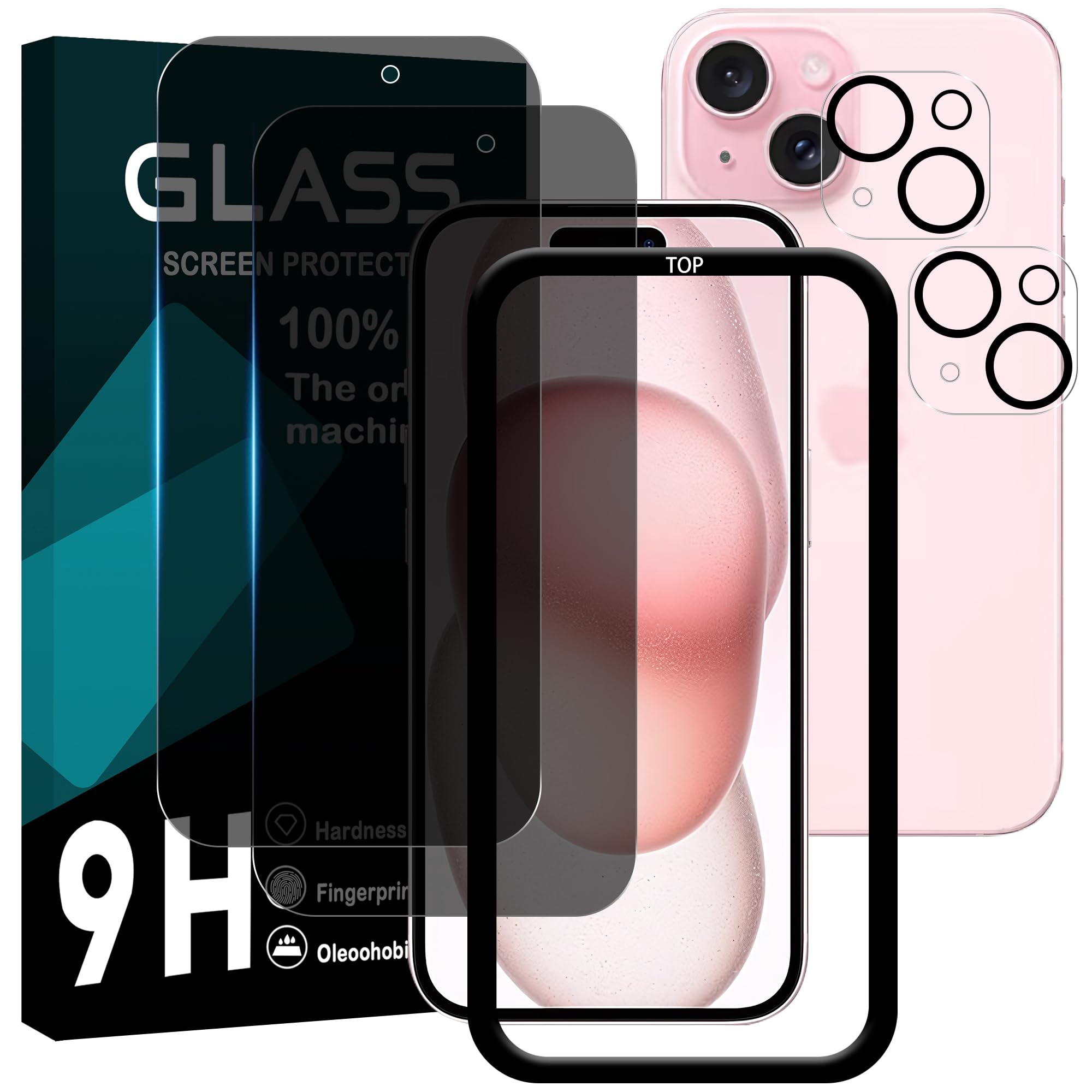 対応 iPhone 15 ガラスフイルム 覗き見防止 【2+2枚セット AGC旭硝子 ガイド枠付き 】 iPhone15 フイルム のぞき見 (2枚) + レンズ保護フィルム (2枚) アイフォン15 液晶 保護フィルム のぞき見 強化ガラス 【 硬度9H 耐衝撃 飛散防止 厚さ0.26mm 気泡ゼロ 3D Touch対応 高感度 指紋防止 ラウンドエッジ加工 】