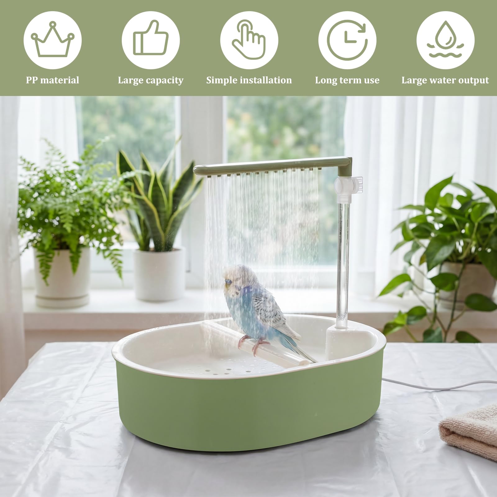 Vogeldusche Wellensittich,Automatische Vogel Badewanne mit Einstellbar Wasserdurchfluss,USB Stromschleife Vogeltränke mit Wasserdichtes Tuch für Wellensittiche,Kanarienvögel, Nymphensittiche (stil 2) - 3