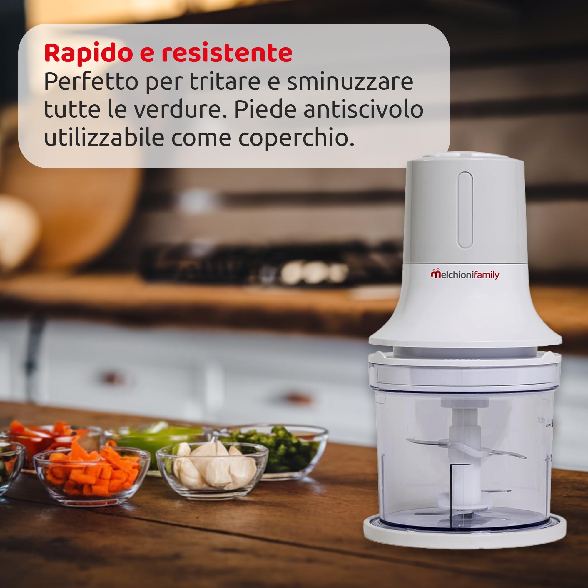Melchioni Family | Tritatutto Elettrico BLADE, con 2 Velocità, 260W, 4 Lame in Acciaio, Salvaspazio, Bicchiere Contenitore da 500 ml, Base Antiscivolo