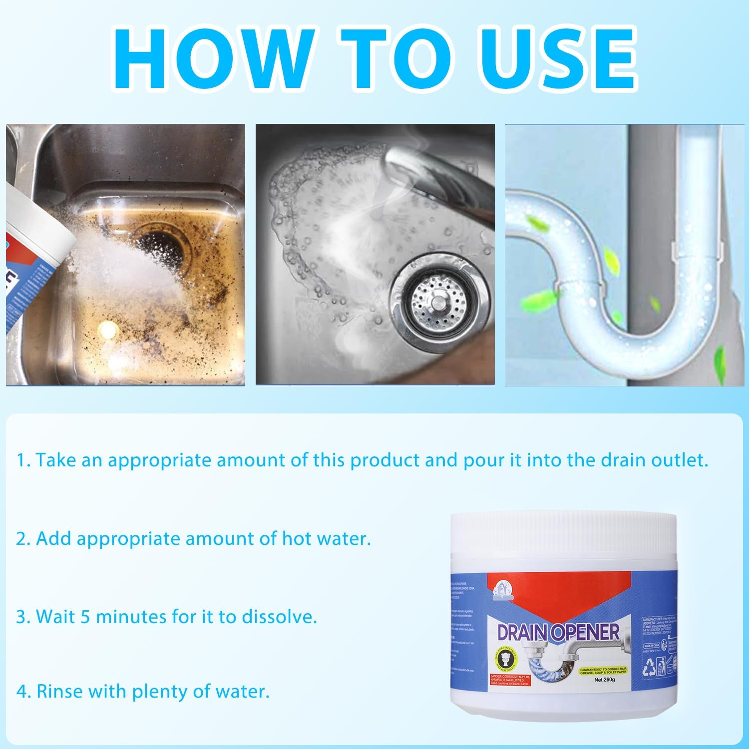 BELL BIRDCrystal Lye Drain Opener, Drain Opener,Pipeline Dredging Agent, Crystal Lye Drains Cleaner, Drains Clog Remover Agent, Unclogs Bathroom and Kitchen Sinks,Shower Pipes (260g/1Pcs) - Image 3