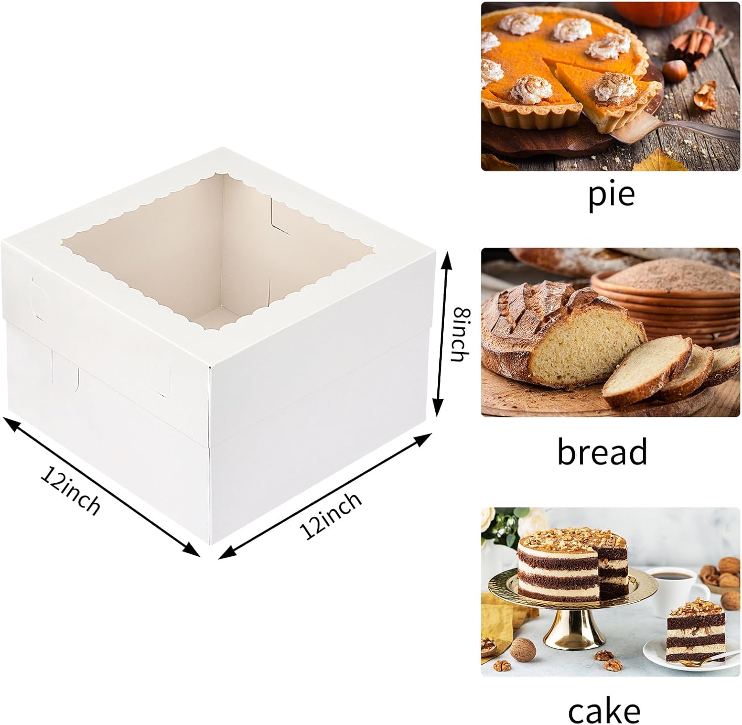 Cake Boxes, 12x12x8 Inch White Bakery Boxes with Window Cake