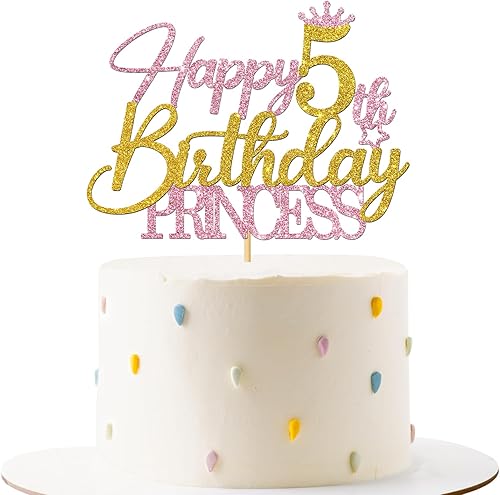 RoadSea Decoración para pastel de princesa de 5 cumpleaños, suministros para pastel de cumpleaños de 5 años para niña, decoraciones de fiesta de