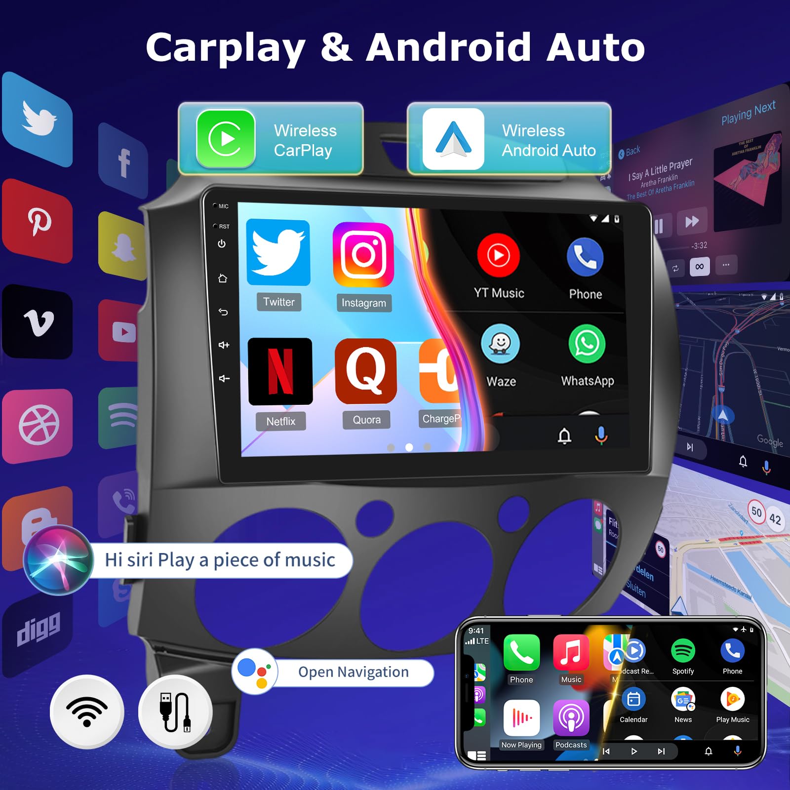 2G+64G Android Autoradio für Mazda 2 2007-2014 mit Wireless Carplay & Android Auto, 9 Zoll Touchscreen Autoradio mit WiFi, GPS Navigation, Bluetooth, FM RDS