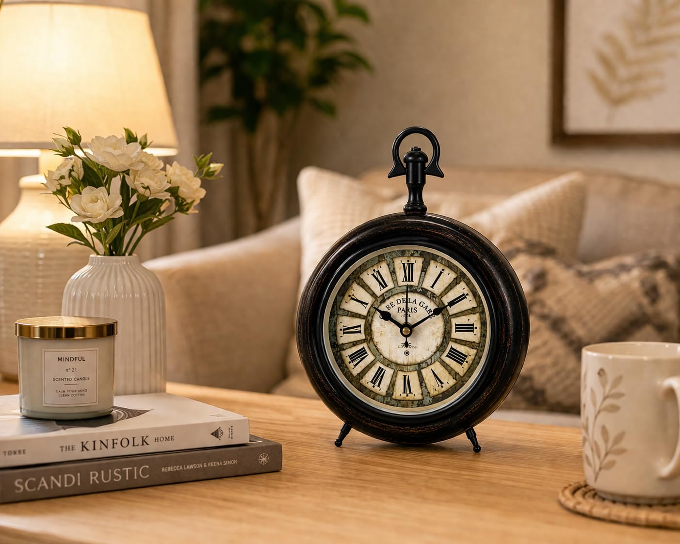 Nautical Replica Hub Reloj de escritorio decorativo rústico hecho a mano, reloj de mesa analógico de cuarzo silencioso con tema de café de París para sala de estar y oficina, decoración estética