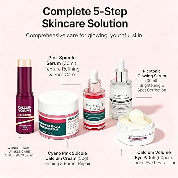 5-Step Cyano Pink Spicule Targeted Korean Skincare Set: Spicule Serum, Calcium Serum, Calcium Multi Balm, Eye Patches, Cream - Face Care Pamper Gifts For Women, Beauty Gifts Sets For Women