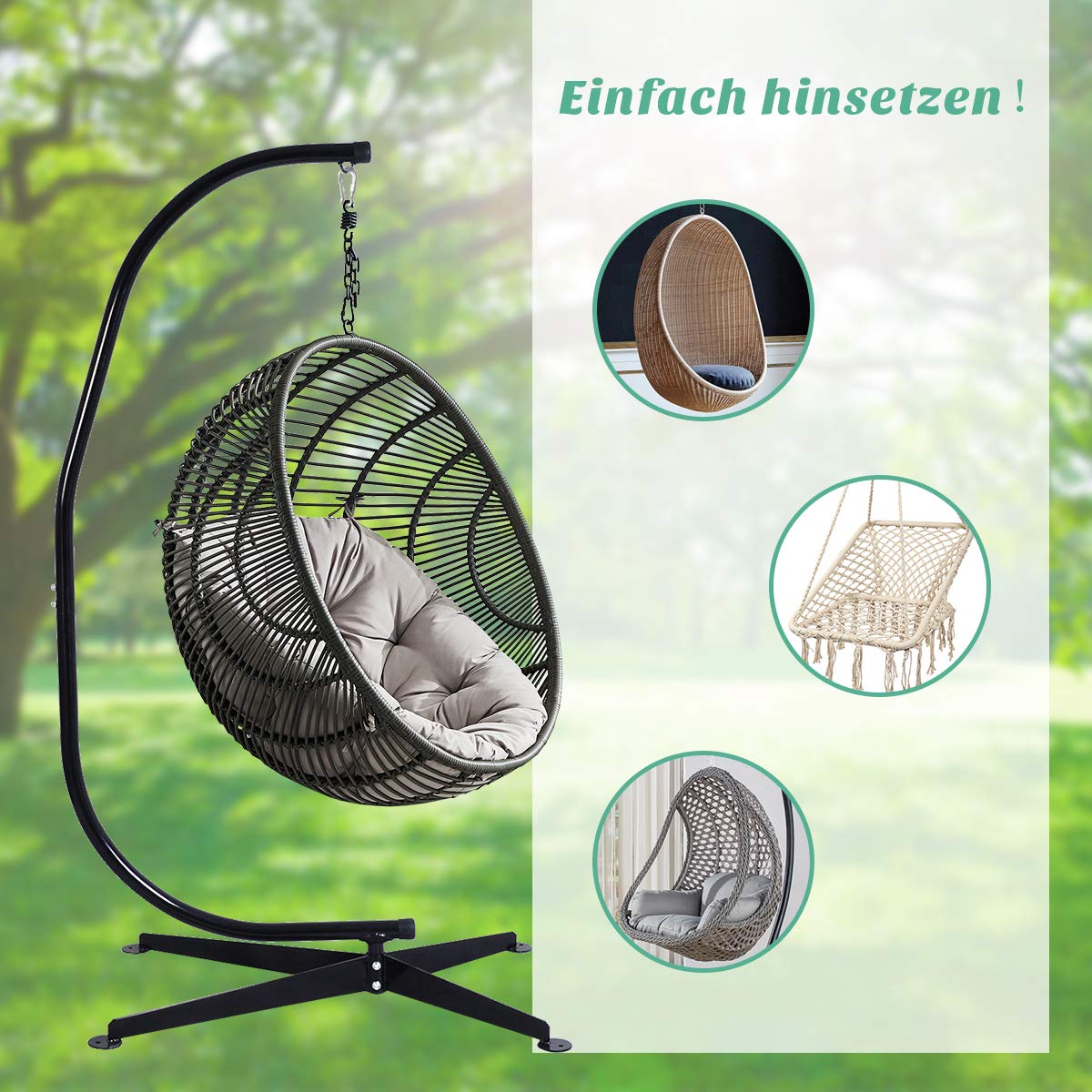 RELAX4LIFE Hängesesselgestell, Hängestuhlgestell 150 kg, Hängesessel Gestell Metall, Hängesitzständer in C-Form, Ständer für Hängestuhl, 112 x 79 x 205 cm, Hängesesselständer für Indoor Outdoor