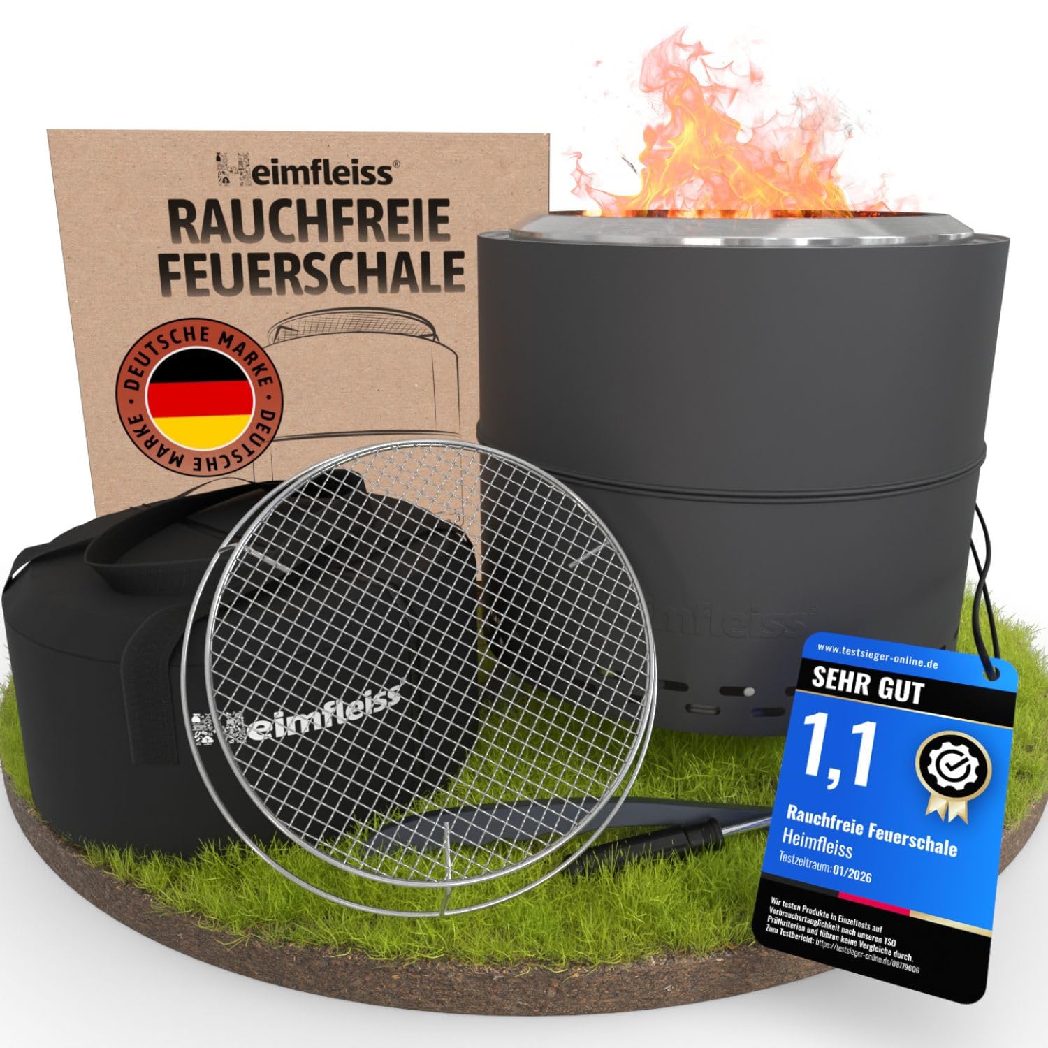Heimfleiss® Rauchfreie Feuerschale Edelstahl Ø50cm | Feuerkorb mit Grillrost | Feuerschale Rauchfrei für Garten, Camping, Balkon & Terrasse | Rauchfreie Feuerstelle mit Grill | Feuertonne ohne Rauch