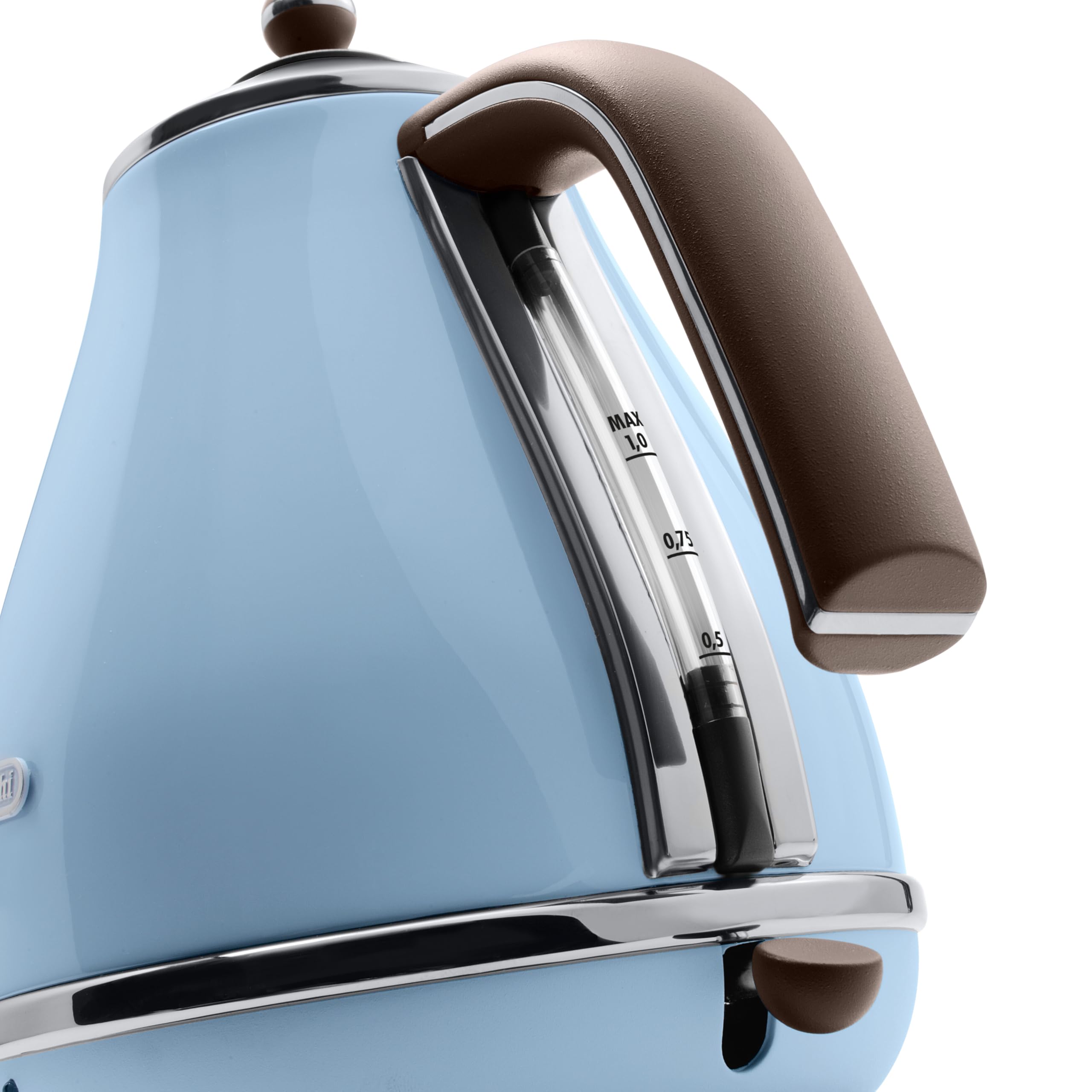 De'Longhi Czajnik elektryczny Icona Vintage KBOV2001.AZ – 1,7 l ze wskaźnikiem poziomu wody i podstawą 360°, stal szlachetna w eleganckim stylu retro z chromowanymi elementami, niebieski, 23 x 25 x 23