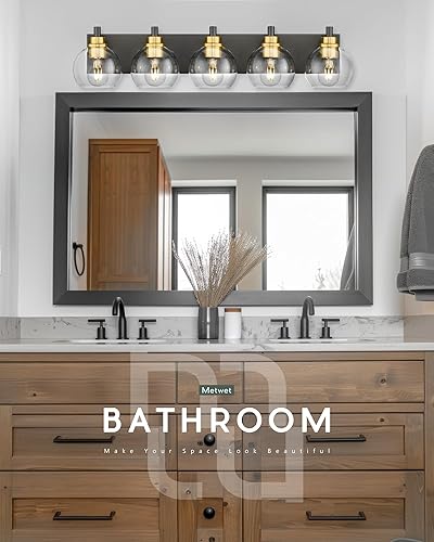 Miniatura 5 de VL195-KG-5 - Lámpara de baño de 5 luces negras y doradas, apliques de pared modernos de 32 pulgadas con pantalla de vidrio transparente de globo,