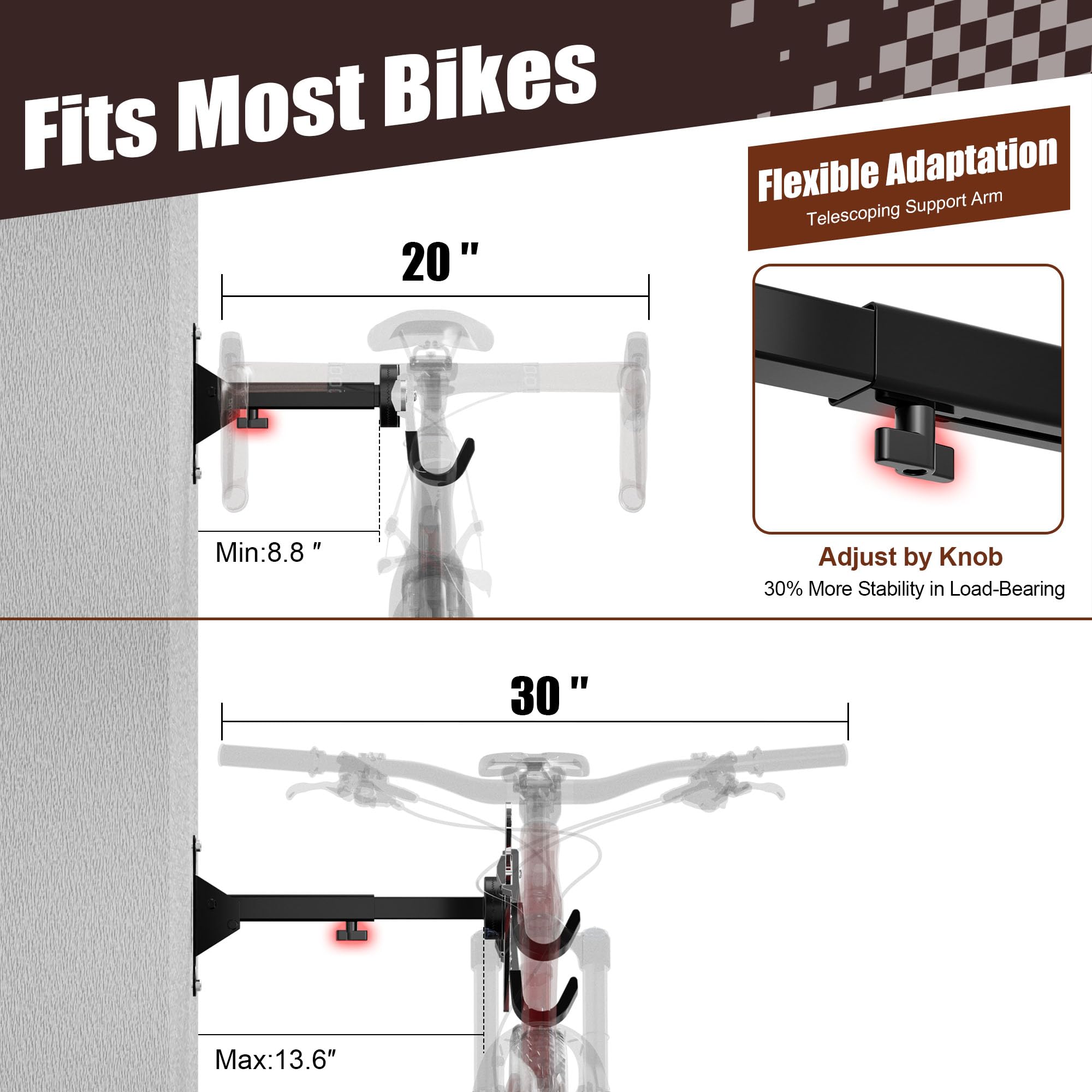 Bike Wall Mount Hanger for Garage, Heavy-Duty Durable Aluminum Alloy Horizontal Bicycle Storage Rack with Adjustable Hook, Hold up to 66lbs, for Road Mountain Hybrid Bikes in Garage