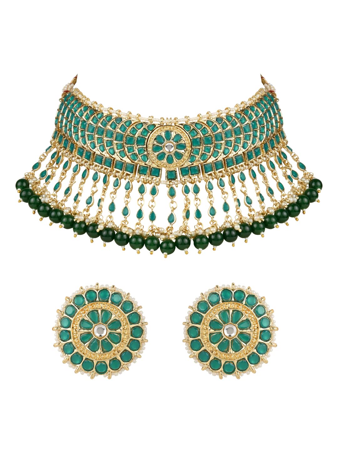 i jewels Gold Plated Traditional Kundan & Pearl Studded Bridal Choker Necklace With Round Earrings Jewellery Set For Women (K7210)-picture-43