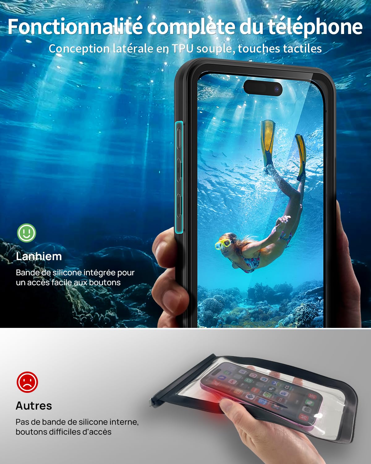 Lanhiem Coque Étanche 15M pour iPhone 16 Pro Max 16 Plus/15 Pro Max 15 Plus/14 ProMax 14 Plus/13 ProMax/12 ProMax, IPX8 Pochette Téléphone Étanche Plongée pour iPhone 12 à 16 (6.7-6.9''), Noir
