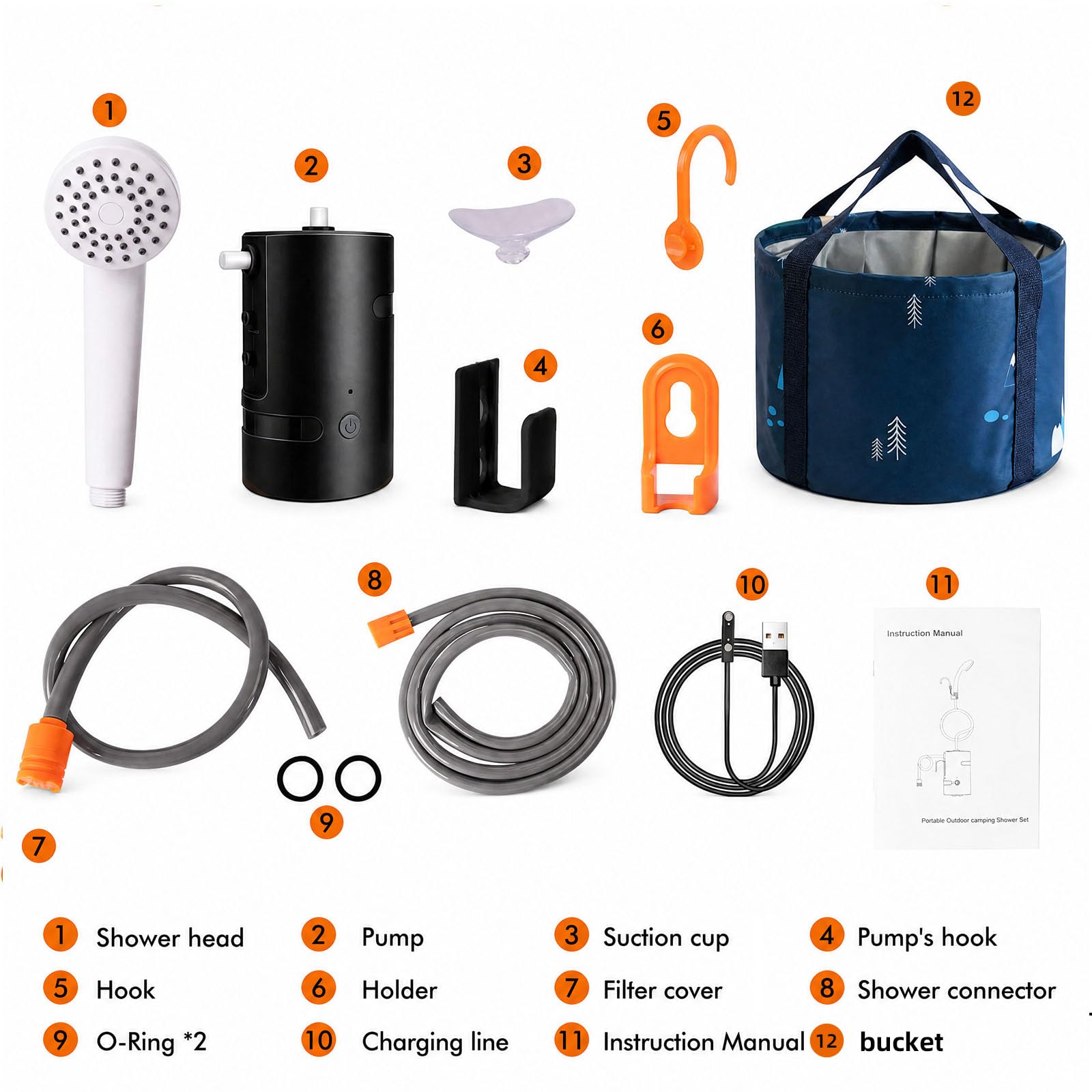 Ducha portátil al Aire Libre, IPX7 Resistente al Agua, con luz LED, batería de 4400 mha, Carga USB, Bomba de Ducha eléctrica+Bolsa de Agua de 20 l, Adecuada para Senderismo, mochilero