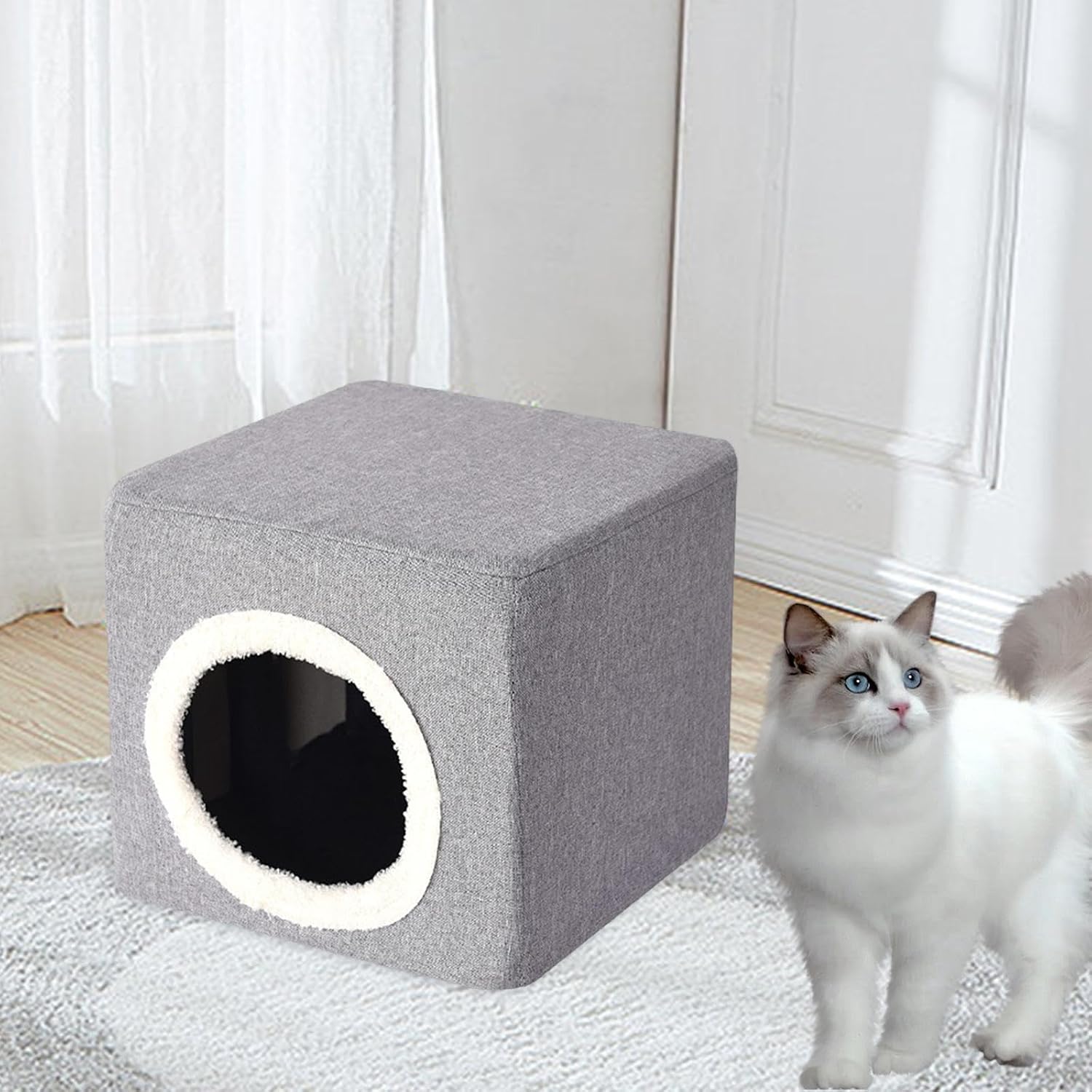 review Cat House Cat Bed for Indoor Cats Cat Hideaway Furniture Sturdy Kitty Cube Pet Condo for Pet Supplies Kitty Resting Sleeping, Gray