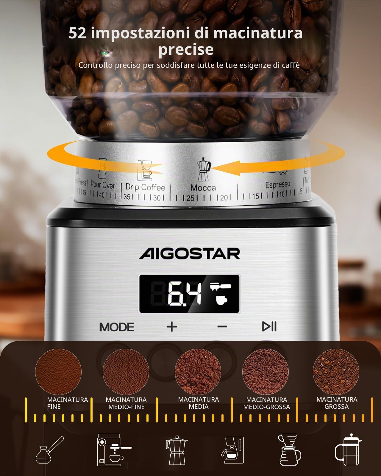 Aigostar Macina Caffe' Elettrico a Cono, 52 Impostazioni di Macinatura, Macinacaffè Elettrico per Caffè Espresso, Macina Caffè Professionale con Display Digitale Preciso, Acciaio Inossidabile, Argento