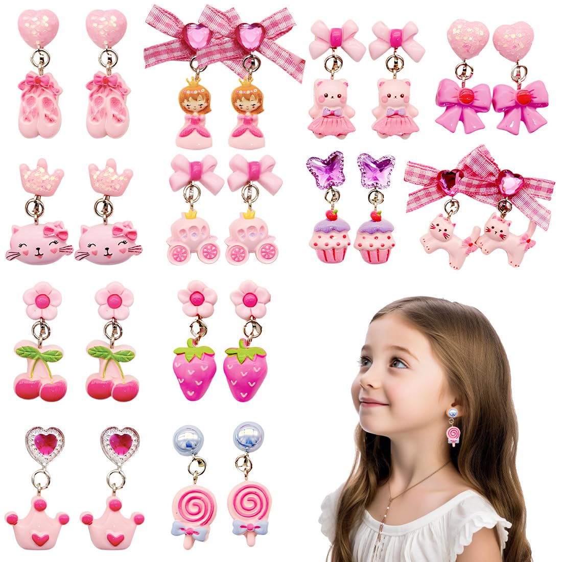 12 Paar Klipp Ohrringe Kinder Mädchen, Ohrclips Mädchen, Ohrklipser Kinder, Clip Ohrringe Mädchen, Ohrklipser Kinder, Magnet Ohrringe Mädchen, Rosenrot-Schleife-Prinzessin-Ohrring Set