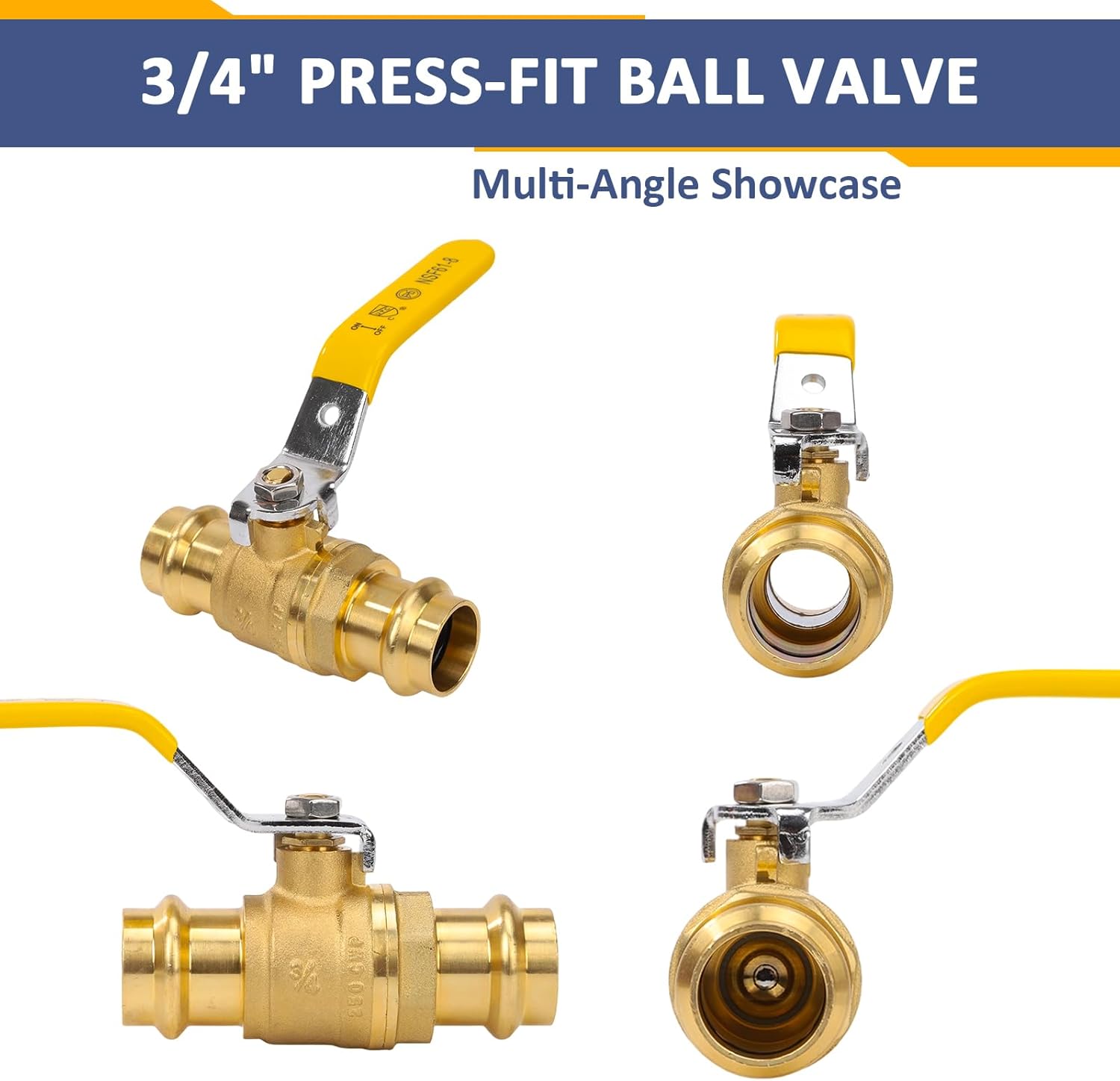 3/4" Brass Press Fitting Ball Valve Full Port Heavy Duty with EPDM O-Ring Seal 1/4 Turn Shut Off for Copper Pipe Connection(Pack of 10)