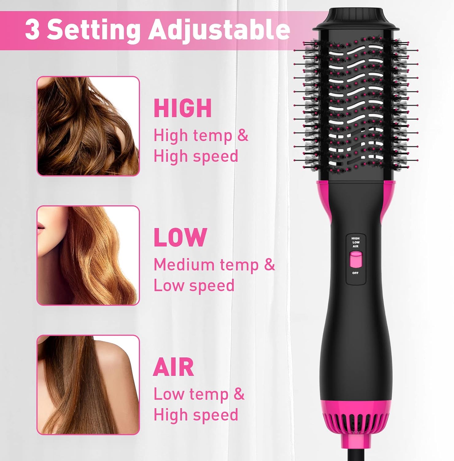 Volumizer Hair Dryer Brush, Hot-Air Hair Brushes, One Step Hair Dryer and Styler with Alci Plug for Women, Wig, Blow Dryer Brush for Straightening, Drying, Curling, Pink