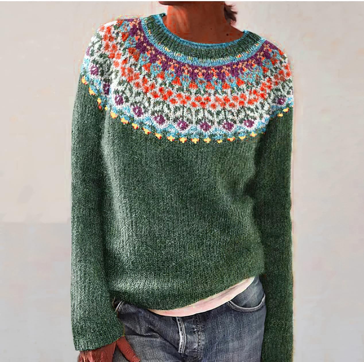 Women's Pullover Colorful Argyle Vintage Fair Isle Sweaters Casual Loose Long Sleeve Boho Knit Sweater Jumper Tops