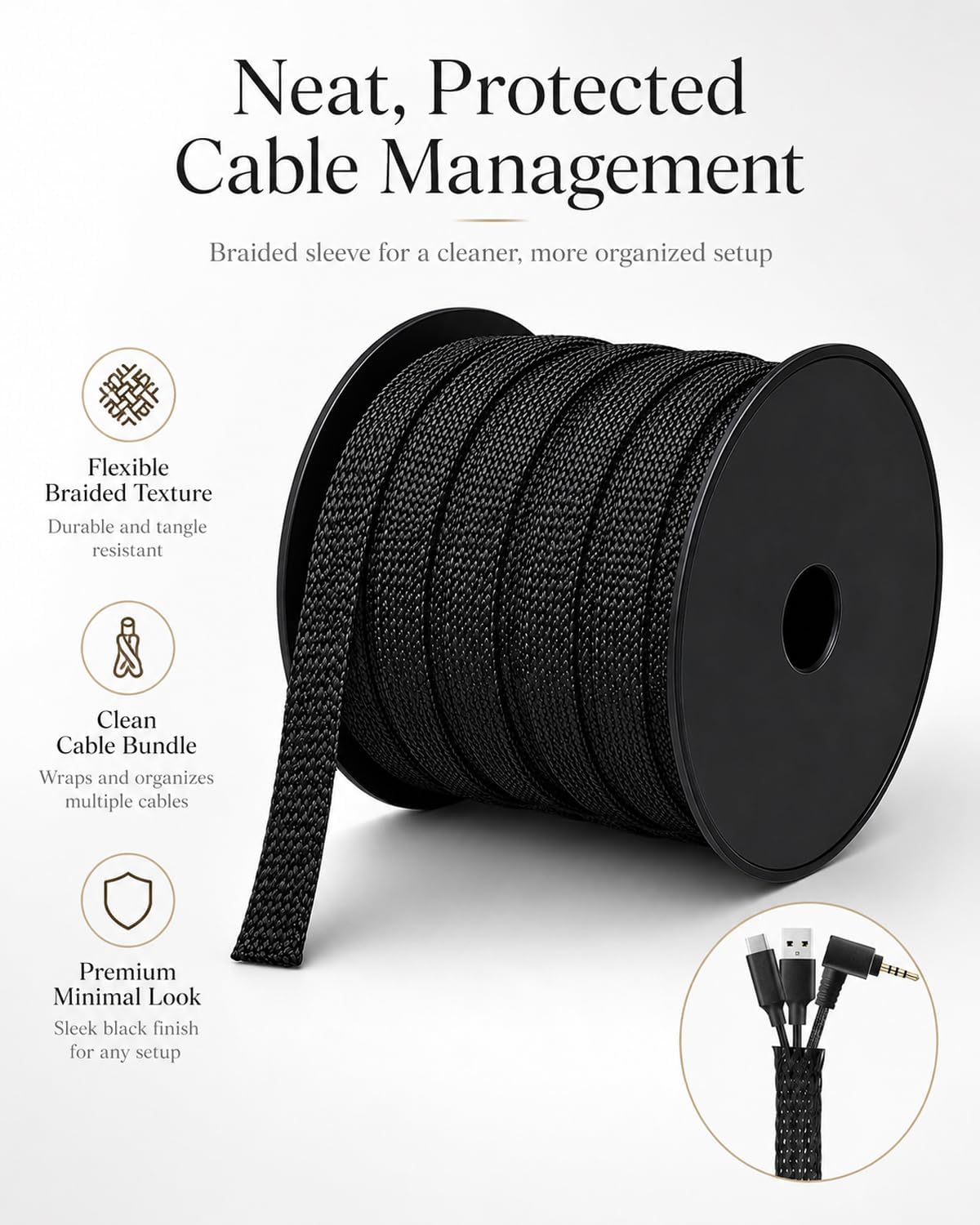 300 Feet - 1/4,1/2,3/8 Inch Braided Wire Loom PET Cable Loom Expandable Braided Sleeving Wire Sleeve for Automotive，TV, Computer, Home Theater, Black